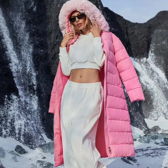 Jackets & Blazers - Pink Casual Women's Oversized Furry Collar Hooded Straight Thick Warm Down Coat